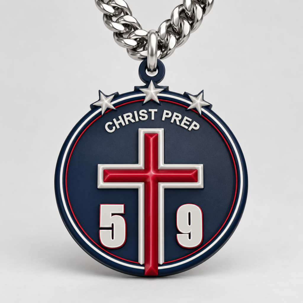 AI generated visualization of the Christ Prep Cross Chain with sample player number 59, raised CHRIST PREP lettering, three stars, navy bowl shaped pendant, and silver color chain.