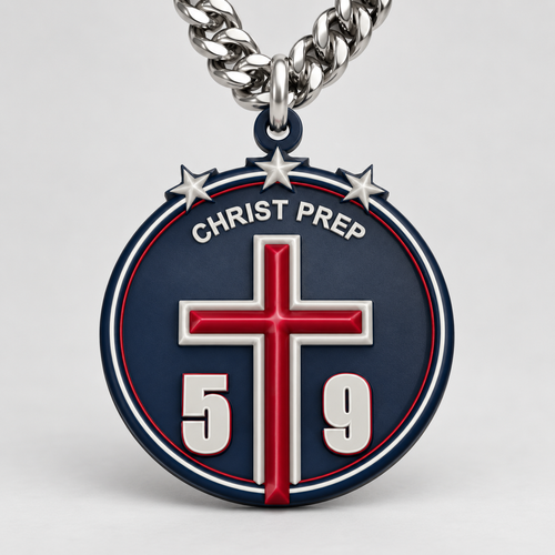 AI generated visualization of the Christ Prep Cross Chain with sample player number 59, raised CHRIST PREP lettering, three stars, navy bowl shaped pendant, and silver color chain.