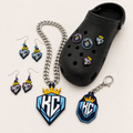 KC Diamonds Team Bundle with the new crowned KC pendant and silver-colored chain, shield keychain with clasp, pink and carolina-blue earrings, and four shoe charms displayed on a black shoe