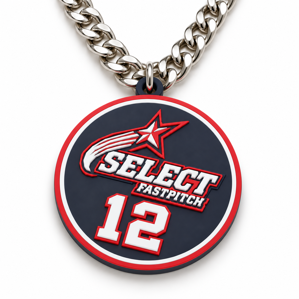 Illustrative AI-assisted product preview of Select Fastpitch player chain with a chunky silver-tone chain, sample number 12; not a finished-product photograph. Hardware fit, material and size are not verified.