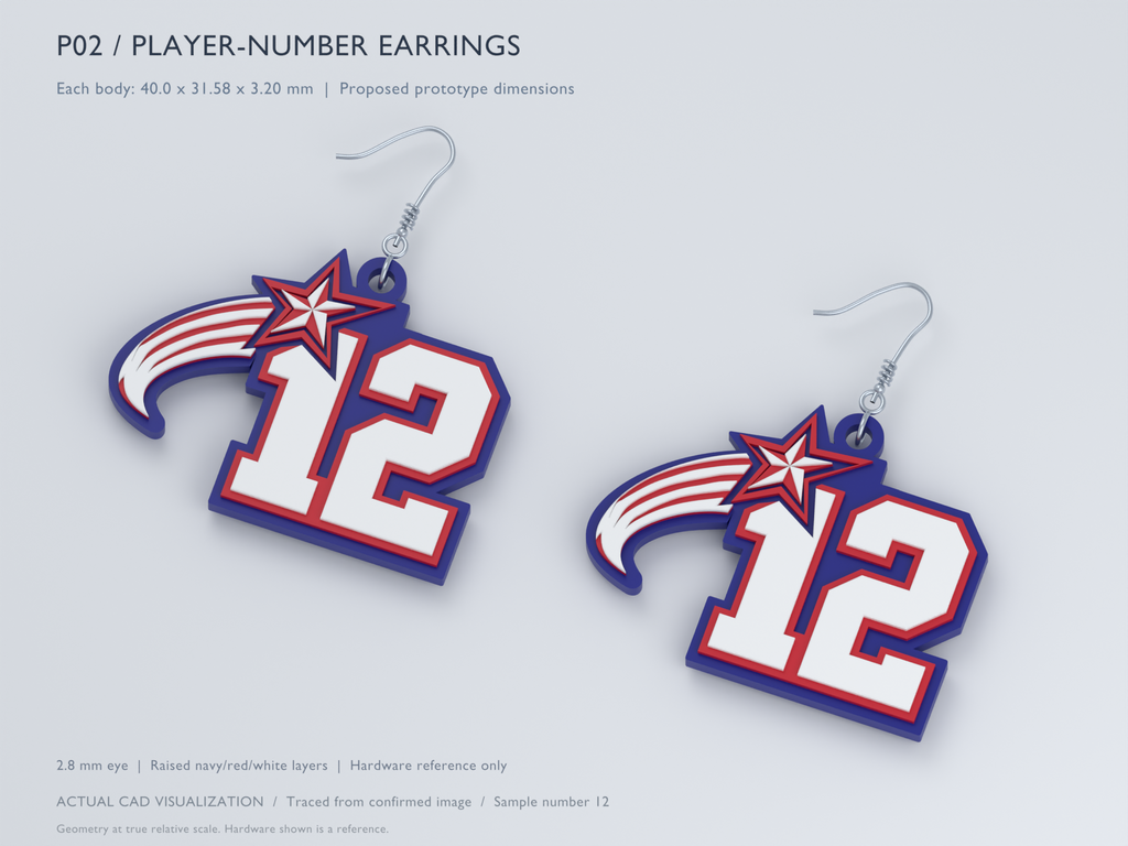 CAD visualization of Select Fastpitch player-number earrings pair, angled view, sample number 12. Hardware is illustrative. Not a finished-product photograph.