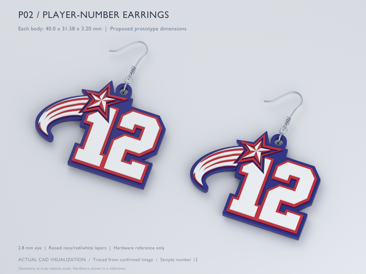CAD visualization of Select Fastpitch player-number earrings pair, angled view, sample number 12. Hardware is illustrative. Not a finished-product photograph.