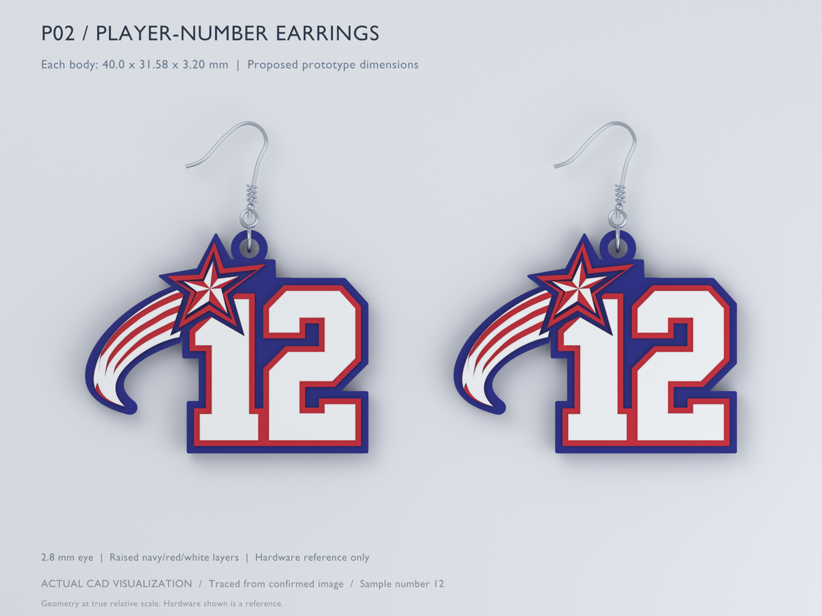 CAD visualization of Select Fastpitch player-number earrings pair, front view, sample number 12. Hardware is illustrative. Not a finished-product photograph.