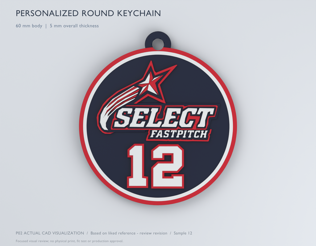 CAD visualization of Select Fastpitch personalized keychain, front view, sample player number 12. Not a finished-product photograph.
