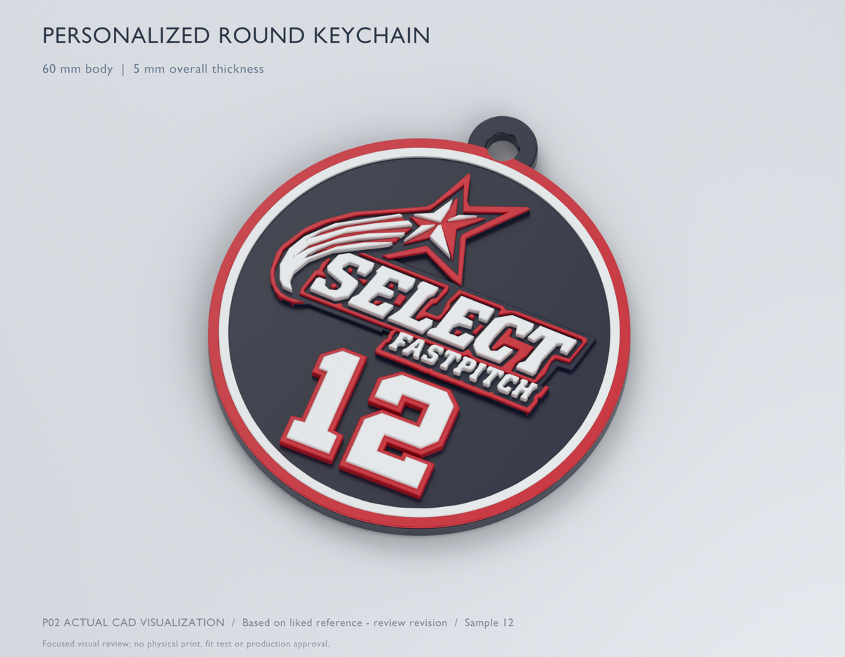 CAD visualization of Select Fastpitch personalized keychain, angled relief view, sample player number 12. Not a finished-product photograph.