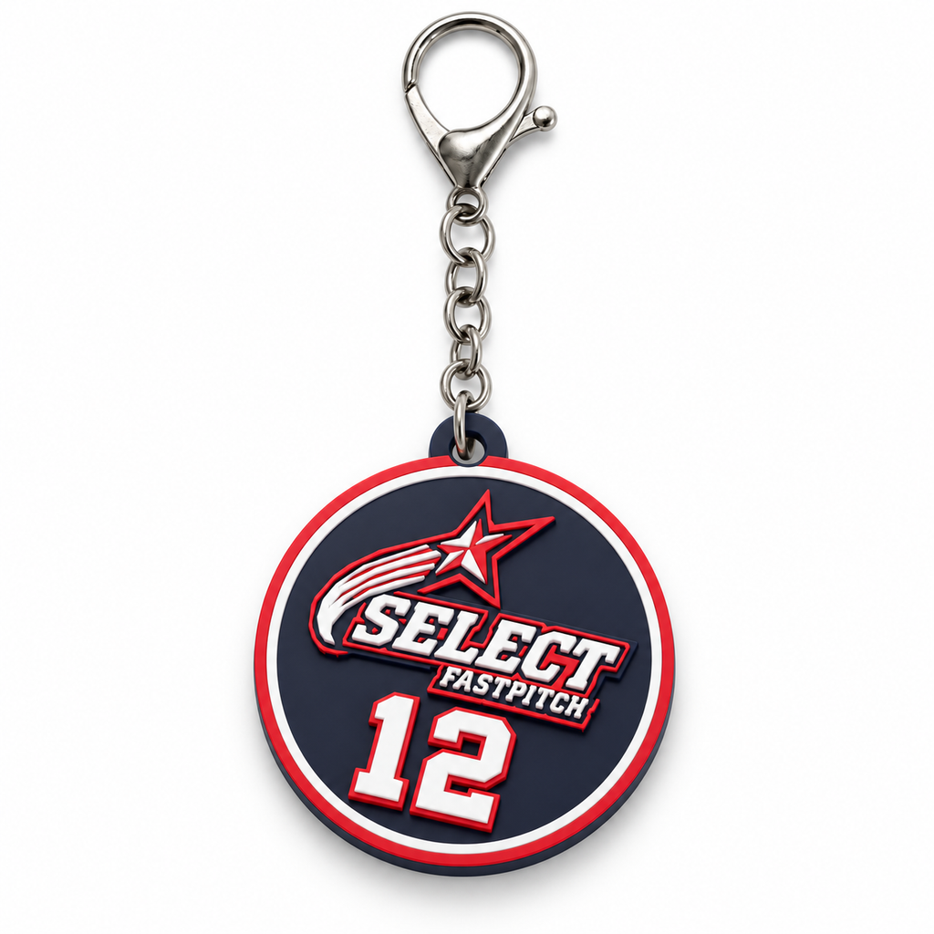 Illustrative AI-assisted product preview of Select Fastpitch personalized keychain with a silver-tone lobster clasp and short chain, sample number 12; not a finished-product photograph. Hardware fit, material and size are not verified.