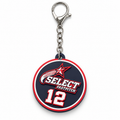 Illustrative AI-assisted product preview of Select Fastpitch personalized keychain with a silver-tone lobster clasp and short chain, sample number 12; not a finished-product photograph. Hardware fit, material and size are not verified.