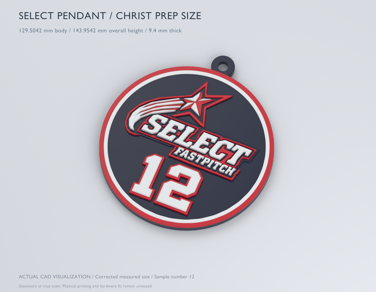 CAD design preview, angled view of the corrected-size Select Fastpitch player-chain pendant with raised red and white details and example player number 12.