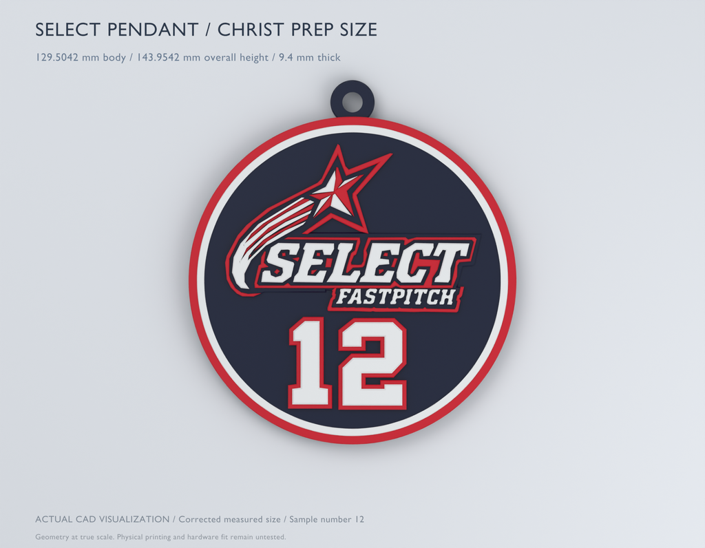CAD design preview, front view of the corrected-size Select Fastpitch player-chain pendant in navy, red and white with example player number 12.