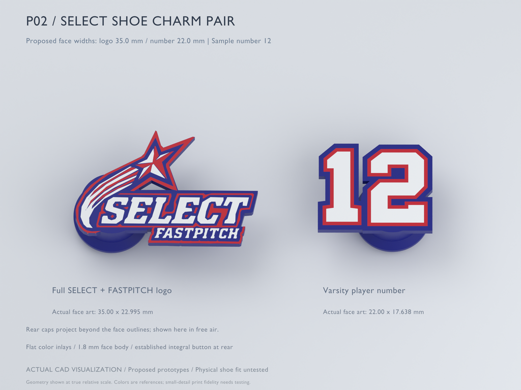 CAD design preview, angled view of a Select Fastpitch shoe-charm pair with full team logo, separate example player number 12 and visible rear button mounts.
