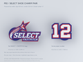 CAD design preview, front view of a Select Fastpitch shoe-charm pair: full team logo charm and separate varsity-style example player number 12 charm.