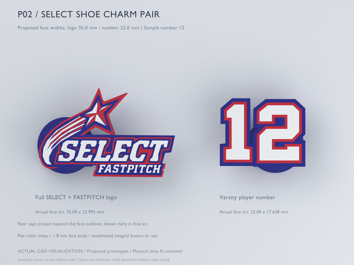 CAD design preview, front view of a Select Fastpitch shoe-charm pair: full team logo charm and separate varsity-style example player number 12 charm.